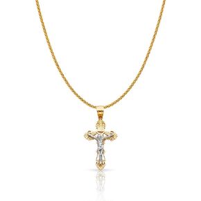 14K Two Tone Gold Jesus Crucifix Cross Charm Pendant with 1.1mm Wheat Chain Necklace