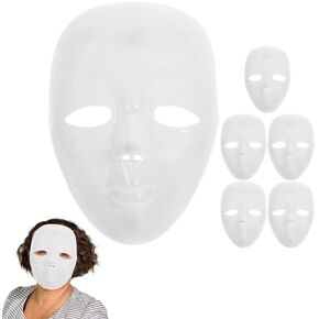 6Pcs White Plain Masks, Masquerade Plastic Blank Mask, Cosplay Mask Prop Full Facial Mask DIY Full Face Paintable Mask for Crafts, Mardi Gras and Halloween Costumes