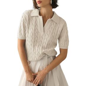 Womens Lightweight Short Sleeve Collared Neck Sweater Shirts Casual Cable Knit Pullover Tops
