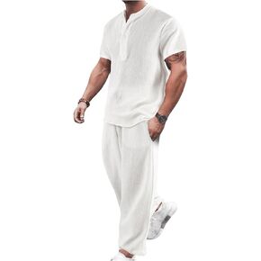 GORGLITTER Men's 2 Pieces Linen Set Casual Short Sleeve Henley Shirts Beach Pants With Pockets