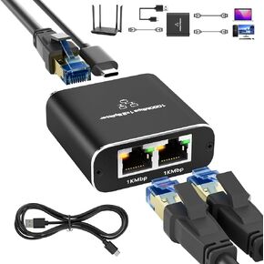 Ethernet Splitter 1 to 2 Out Adapter, High Speed RJ45 Splitter with USB Power Cable, Gigabit LAN Internet Distributor 1 to 2 Connector, 1000Mbps for Cat5/5e/6/7/8, 2 RJ45 Simultaneously Networking