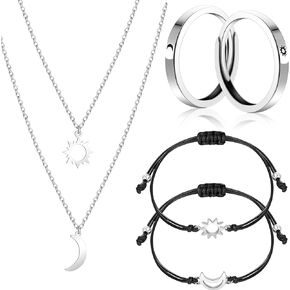 Bonuci 6 Pcs Best Friends Gifts Jewelry Set, Include BFF Necklace for 2 Matching Friendship Necklaces Sun and Moon Bracelets Adjustable Promise Rings for Couples Best Friend girls