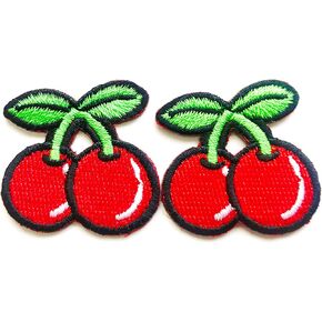 PL Set of 2 Tiny. Mini Red Cherry Cherries Fruit Cute Cartoon Sew Iron on Embroidered Applique Badge Sign Patches Clothing Costume