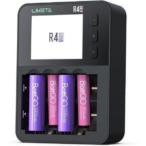 R4 EVO 6-Bay Smart Battery Charger - Type-C QC3.0 - Fast Charging for AA AAA Li-ion 18650 Rechargeable Batteries - IPS Display - Fire Prevention - Black