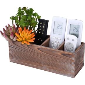 WuGeShop Wood Remote Control Holder 4 Compartments, Rustic Wooden Table Remote Caddy, Multi-use Desktop TV Remote Storage Organizers for Controller, Phones, Stationery, Office Supplies