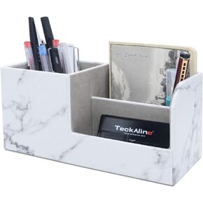 Pencil Holder Pen Holder Marble Desk Accessories PU Leather, Desk Organizer for Art Assecories Cell Phone, Glasses, Name Cards, Remote Control, Cute (Marble)