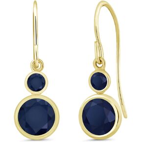 Gem Stone King 14K Yellow Gold Blue Sapphire Drop Dangle Earrings For Women (2.50 Cttw, Gemstone September Birthstone, Round 6MM and 3MM)