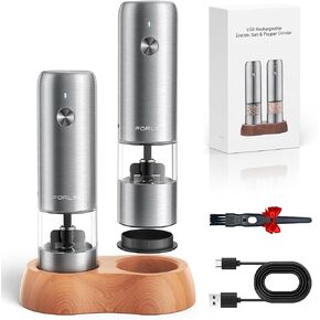 Mini Electric Salt and Pepper Grinder Set with Wood Base, USB Rechargeable, Small Automatic Salt Pepper Mill Grinder, Travel/Outdoor BBQ/Children, One-Button Control (2 Packs, Stainless Steel)