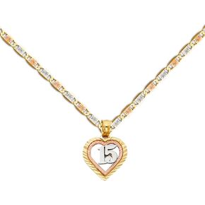 14K Tri Color Gold Sweet 15 Years Quinceanera Heart Charm Pendant with 1.5mm Valentino Chain | 14K Gold Necklace Chain with Pendant | Spring-Ring Clasp Pattern Unisex Real Gold Chain
