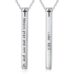 925 Sterling Silver Christian Bible Verse Necklace Luke 18:1 Scripture Necklace Religious Vertical Bar Pendant Christian Bible Jewelry Gift for Women Men