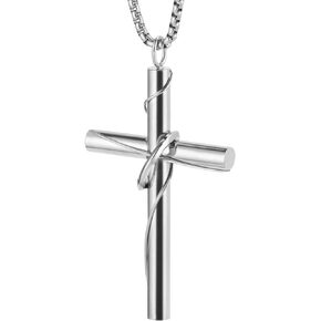 Cross Pendant for Car Rear View Mirror Decor Charm Hanging Accessories Ornament Cute Christian Gift Stainless Steel Cross Necklace Men Boys Amulet (Silver)