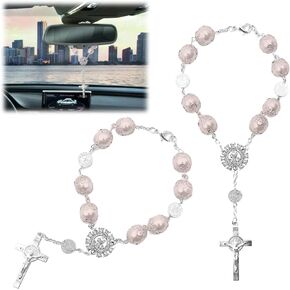 2 PCS Car Mirror Hanging Accessories, Personalized Car Rosary with Cross Blessing Rosary, Catholic Car Medal for Truck Bike Motorcycle Car Mirror Hanging Accessories Interior Decors (Pink)