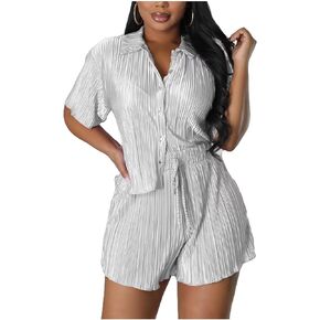 Sexy Crop Top 2 Piece Outfits Button Shirt Vacation Pleated Pant Suit Solid Matching Set