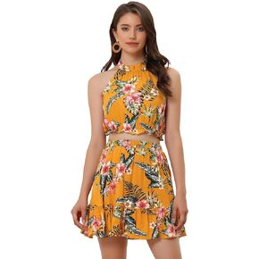 Allegra K Women's 2 Piece Outfits Floral Halter Neck Sleeveless Crop Top with Short Skirt Set