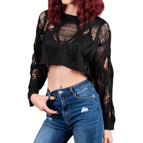 Womens Gothic Short Sweaters Punk Goth Sweater Long Sleeve Knitting Crop Tops US Size S-XL