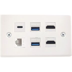 Halokny HDMI USB3.0 CAT Type-C Wall Plate, 6 Port Outlet Wall Plate, 2 x HDMI Keystone Jack + 2 x USB 3.0 +1 xType C+1 x CAT6 RJ45 Keystone Jack, for Wall Plate Face Plate, White
