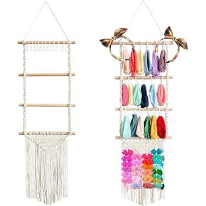 Nerien Headband Holder, Hair Bow Organizer for Girls Baby Toddler, Macrame Wood Hair Accessories Wall Closet Hanging Storage Display, for Hair Ribbons Ties Clips, with 20 Pcs Hooks for Shower Room