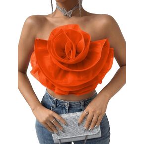 GORGLITTER Women's Flower Front Crop Tube Top Sleeveless Strapless Solid Shirred Tops