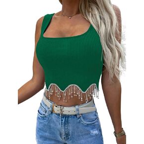 LYANER Women's Rhinestone Fringe Trim Ribbed Knit Square Neck Sleeveless Crop Tank Top