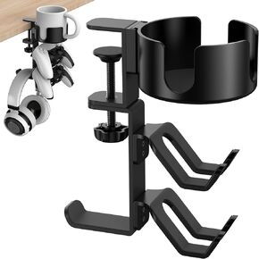 2 in 1 Desk Cup Holder with Headphone Hanger Gaming Accessories, Universal Adjustable & Foldable Upgraded Arm Clamp Stand for Coffee Mugs, Water Bottles, Headphones.