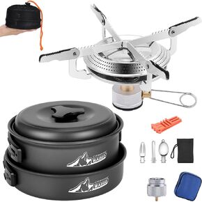 WADEO Backpacking Stove Portable Camping Stove Burner with Lightweight Pot and Pan,1LB Propane Tank Adapter, Fuel Can Canister Stand and Fork Spoon Kit for Backpacking, Outdoor Hiking and Picnic