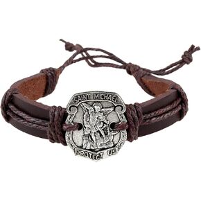 Needzo Saint Michael Bracelet, Brown Leather Adjustable Cuff, Prayer Protection Catholic Jewelry, 8 Inches in Kuwait