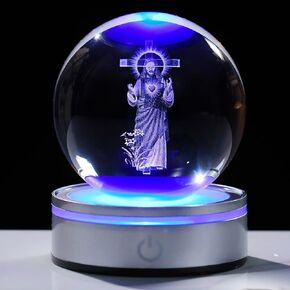 Movdyka 3D Crystal Ball St Joseph with Jesus Statue Catholic Gifts for Women Men Faith, Laser Engrave Jesus Figurine Religious Gifts for Friend Catholic, Jesus Room Decor with Night Light Base