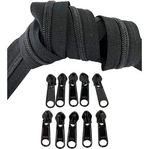 #5 YKK Continuous Nylon Coil Black Zipper Chain Includes #5 Black Non-Locking Long Pulls with Bottom Stops - Color Black - Choose Your Length - Made in The United States (5 Yards & 10 Pulls)