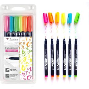 Tombow Fudenosuke Hard Tip Brush Pens (Set of 6) - Neon Colours
