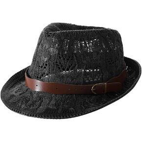 Hollow Out Short Brim Fedora Sun Hats Unisex Trilby Panama Jazz Beach Hat Summer UPF50+ Vintage 1920s Anti-UV Cap with Band