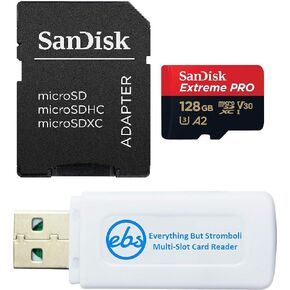 SanDisk microSDXC 128GB Extreme PRO Memory Card with Adapter Works with DJI Mini 4 Pro Action Drone (SDSQXCD-128G-GN6MA) A2 UHS-I U3 4k Bundle with 1 Everything But Stromboli MicroSD & SD Card Reader