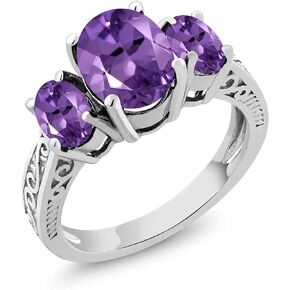 Gem Stone King 925 Sterling Silver Gemstone Birthstone 3-Stone Ring | Oval 9X7MM and 6X4MM | Three Stone Wedding Engagement Anniversary Promise Ring For Women