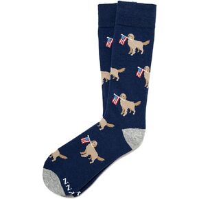 Men's Blue In Dog We Trust Golden Retriever & American Flag Novelty Dress Crew Socks