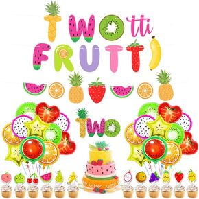 UTOPP Twotti Frutti Birthday Decorations Set,Twotti Frutti Banner Watermelon Banner 2nd Birthday Cake Topper Summer Fruit Balloons for Luau Fruit Themed Party,Second Birthday Party Supplies