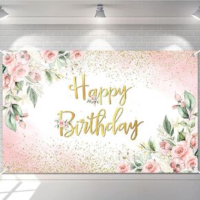 Avezano Rose Gold Birthday Backdrop for Women Pink Floral Golden Flash Happy Birthday Party Decorations Flower Glitters Birthday Banner 70.8 x 43.3 Inch