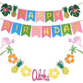 Hawaiian Party Decoration |Luau Party Supplies| Hawaiian Tropical Banner, Flamingo Garland for Pool Party Supplies,Tropical Party Decoration(set of 2),Birthday Banner for Beach Moana Party decorations
