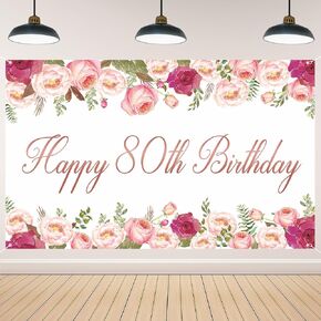 Vlipoeasn Elegant White Happy 80th Birthday Decorations for Women Rose Gold Flower Peony Photography Backdrop for 80th Birthday Party Surprise for Mother Cheers to 80 Years Old Birthday Party Supplies