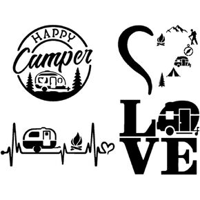 Camping Decal 4 Pack: Happy Camper, Camping Heartbeat, Heart Camping, LOVE Camper (White, Small ~3.5")