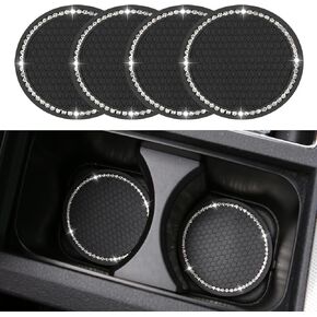 4 Pack Bling Car Coasters, 2.75 Inch Bling Crystal Rhinestone Diamond Soft Rubber Pad Set Round Auto Cup Holder Insert Drink Coaster Car Interior Accessories (Black New)