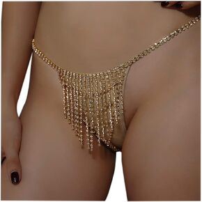 Women Sexy Rhinestone Waist Body Chain Bikini Thong Panties Crystal Body Chain Jewelry (Gold)