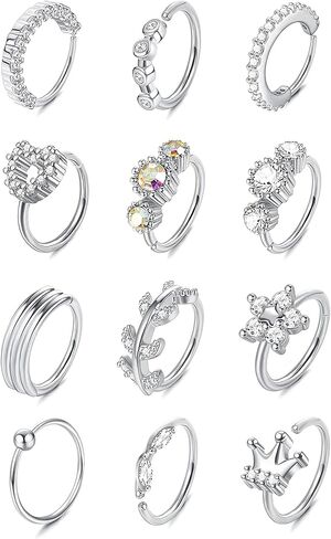 Nose Hoops Silver Nose Rings Multi Shaped Moon Heart Star Nose Rings Hoops Lip Septum Cartilage Nose Piercing Jewelry 12PCS Hoop Nose Ring Set 20G 8MM Nose Hoop For Women Men in Saudi Arabia