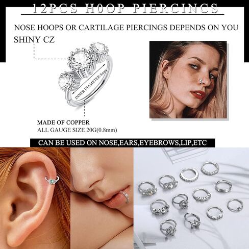 Nose Hoops Silver Nose Rings Multi Shaped Moon Heart Star Nose Rings Hoops Lip Septum Cartilage Nose Piercing Jewelry 12PCS Hoop Nose Ring Set 20G 8MM Nose Hoop For Women Men in Saudi Arabia