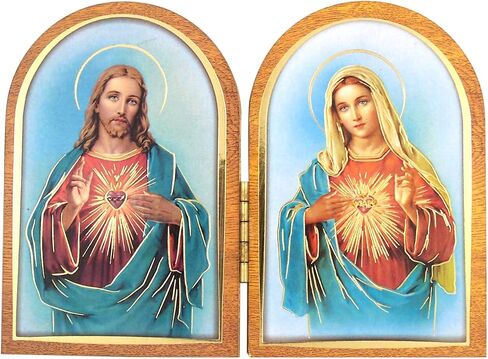 Needzo القلب المقدس ليسوع المسيح والقلب الطاهر لمريم الدائمة الكاثوليكية Diptych زخرفة قابلة للطي مع تصاميم معدنية ذهبية اللون، 3 1/2 بوصة (عالية) in Saudi Arabia