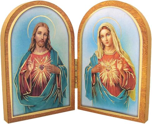 Needzo القلب المقدس ليسوع المسيح والقلب الطاهر لمريم الدائمة الكاثوليكية Diptych زخرفة قابلة للطي مع تصاميم معدنية ذهبية اللون، 3 1/2 بوصة (عالية) in Saudi Arabia