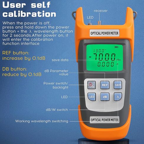 مقياس طاقة الألياف الضوئية 2 في 1 باللون البرتقالي A-G710A مع ضوء LED مدمج (-70) ديسيبل ميلي واط ~(+10) ديسيبل ميلي واط OPM مع محول ذكر FC إلى LC أنثى اختبار الكابلات الضوئية مقياس الطاقة الضوئية واجهة SC/FC/ST in Kuwait