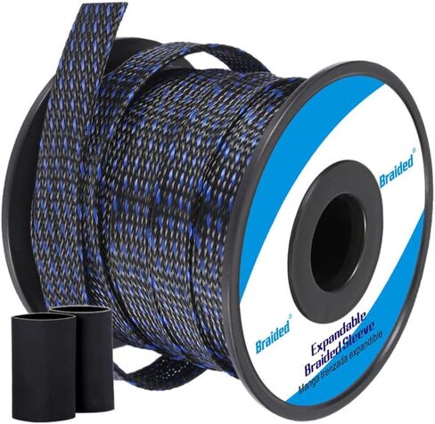 Braided - Cable Sleeves - PET Expandable Wire Loom 1/8"-100ft, Braided Wire Hider Mesh, Cord Management Organizer for USB Power Video Cable, Flexible Wrap Cover w/Heat Shrinkable Tubes, Black&Blue in Kuwait