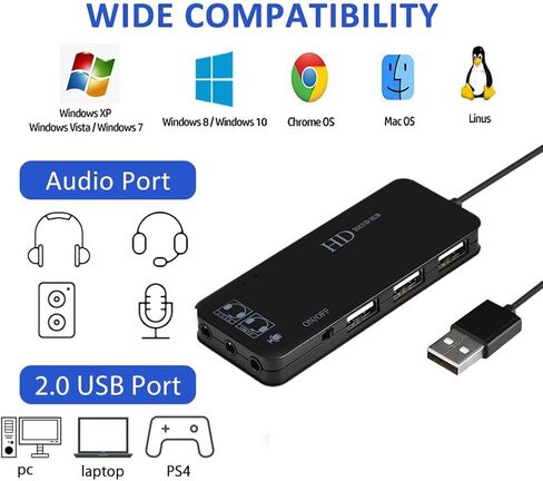 بطاقة صوت ستيريو خارجية بمحول USB 2.5 مع سماعة رأس وميكروفون مقاس 3.5 مم و3 مقابس USB لأجهزة Windows وMac وLinux والكمبيوتر الشخصي وأجهزة الكمبيوتر المحمولة وأجهزة الكمبيوتر المكتبية وPS4 USB خارجي للكمبيوتر in Kuwait
