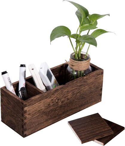 WuGeShop Wood Remote Caddy 4 حجرات، حامل جهاز التحكم عن بعد للطاولة، علبة تنظيم تخزين الوسائط الريفية، منظم سطح المكتب متعدد الوظائف لأجهزة التحكم عن بعد للتلفزيون، وحدات التحكم بالألعاب، الأقلام in Kuwait