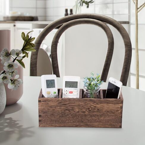 WuGeShop Wood Remote Caddy 4 حجرات، حامل جهاز التحكم عن بعد للطاولة، علبة تنظيم تخزين الوسائط الريفية، منظم سطح المكتب متعدد الوظائف لأجهزة التحكم عن بعد للتلفزيون، وحدات التحكم بالألعاب، الأقلام in Kuwait