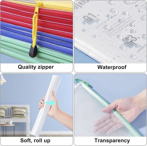 MerryNine 50 قطعة من أكياس الحقيبة الشبكية بسحاب لحروف A4، أكياس شبكية بلاستيكية مع سحاب لتنظيم لعبة الألغاز وتخزين ملفات الفصل الدراسي، حقيبة ملفات مقاومة للماء قابلة لإعادة الاستخدام مع ملصق، ألوان مختلطة in Kuwait